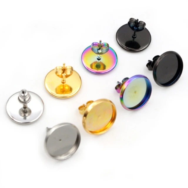 20 sztuk 12mm ze stali nierdzewnej kolczyki szpilki złoty czarny kolorowe kolczyki puste bazy Fit 12mm szklane Cabochons przyciski ramki na kolczyki