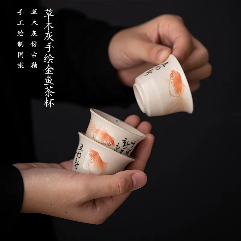 

Grass and Wood Grey Glaze Hand Painted Goldfish Tea Cup Ceramic Kungfu Tea Cup Smelling Cup Small Single Cup Simple and Elegant