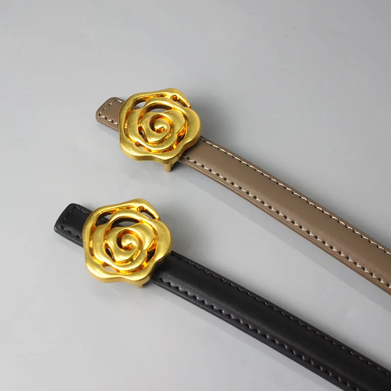 

3D Metal Rose Slide Buckle Pin Women Slim Belts Waistbands Real Leather Corset Jeans Shirt Dress Belt Cowskin Ceinture Pour Robe