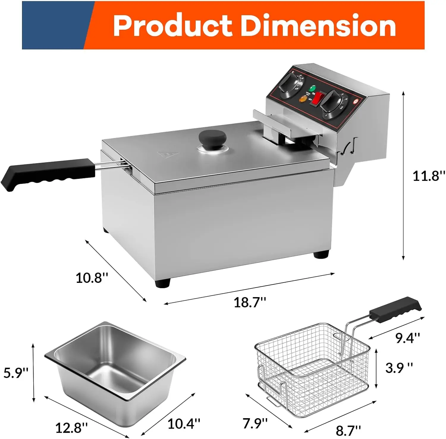 10.6QT/10L Electric Deep Fryer w/Basket & Lid, Stainless Steel Countertop Fryers, 3000W Single Tank Frying Machine w/Adjustable