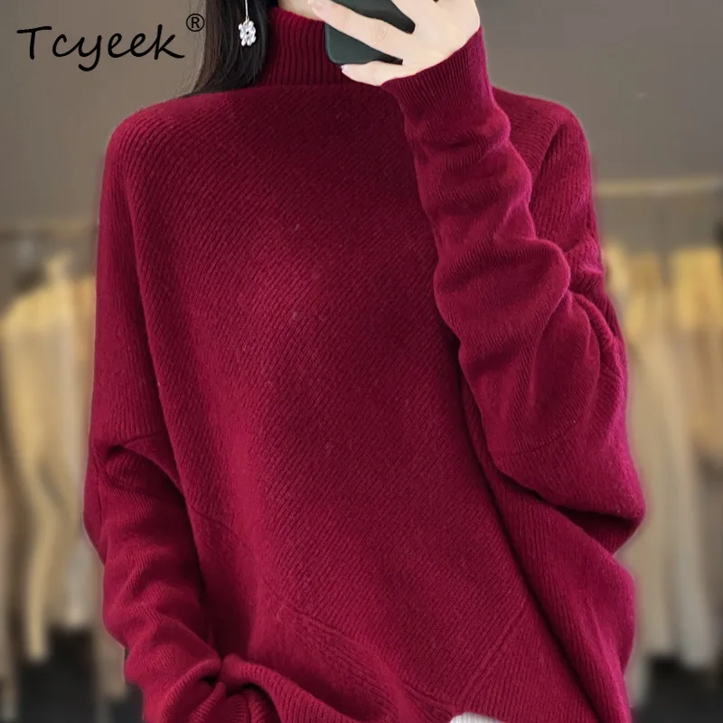 Tcyeek,100% เสื้อขนสัตว์,ผู้หญิงครึ่งคอแขนค้างคาวด้านนอกฐานPullover,2024 ฤดูใบไม้ร่วงและฤดูหนาวใหม่T48002KE