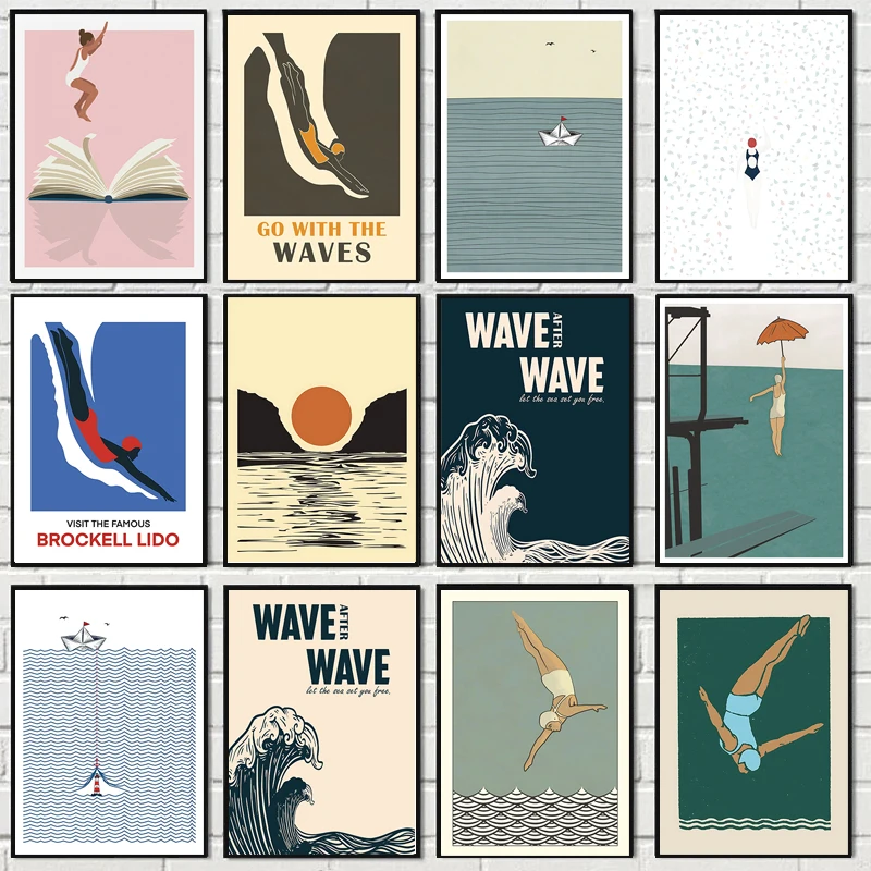 Abstract Woman Diver Canvas Painting Vintage Maritime Surfing Beach Poster Swimming Pool Wall Art Picture for Room Home Decor
