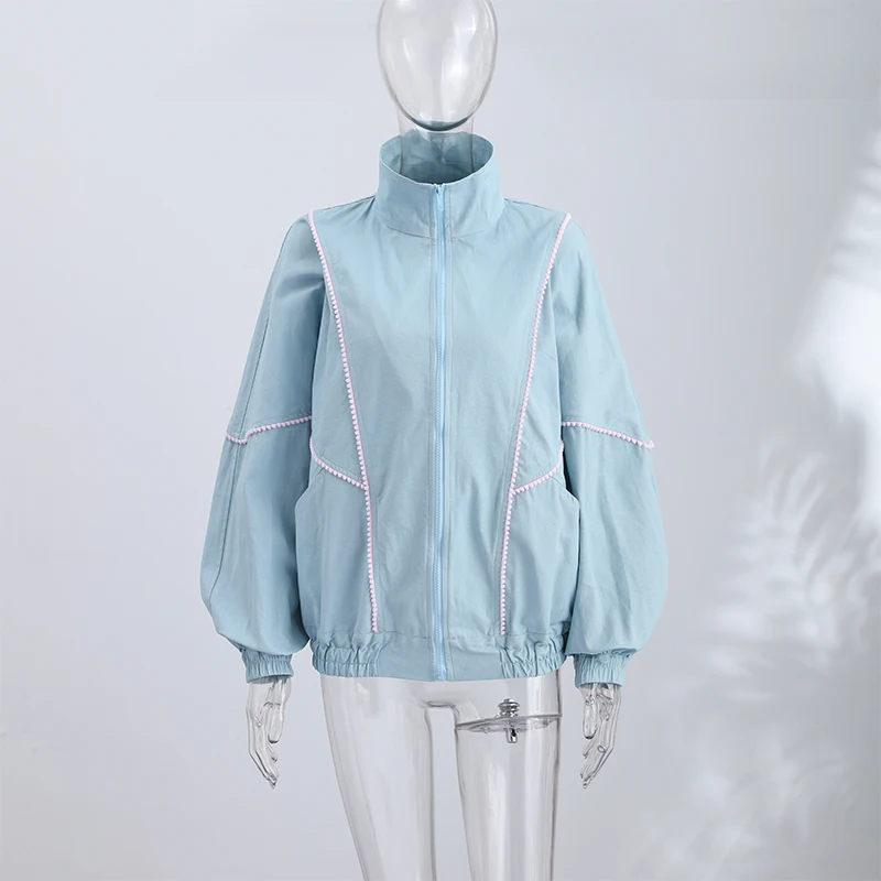 Y2K Damenjacken Mantel mit Streifenbesatz Stehkragen Reißverschluss Oversize Windbreaker Locker Sitzende Streetwear Sportjacke Oberbekleidung Outfit – Detail 4
