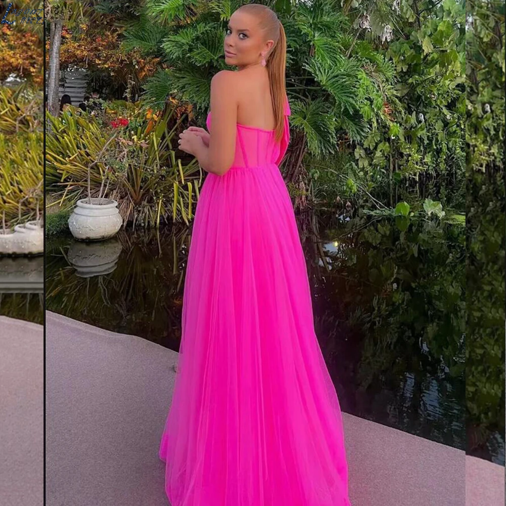 Hot Pink jedno ramię długa suknia balowa 2023 Sexy wysokie rozcięcie Tulle wieczór formalna suknia na przyjęcie Vestidos De Fiesta Gala dla kobiet