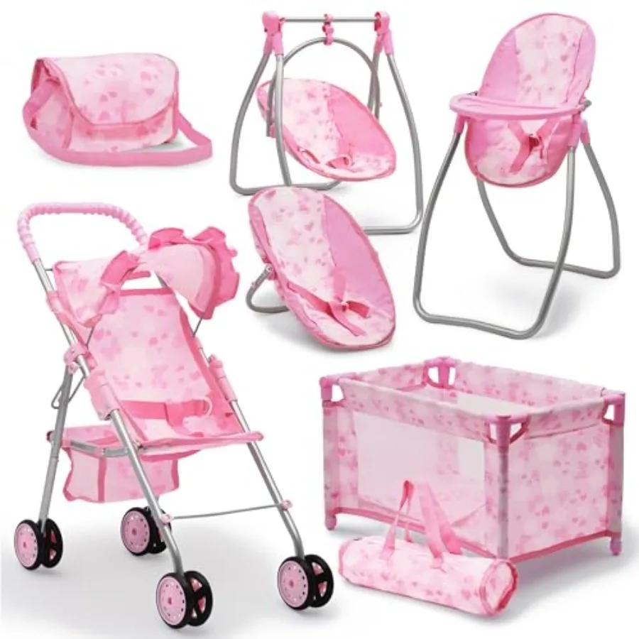 

Комплект для игры в детский уголок: коляска для кукол, кроватка, качели, аксессуары для кукол, мебель, трансформируемый стульчик для кормления, сумка для подгузников, набор для ролевых игр