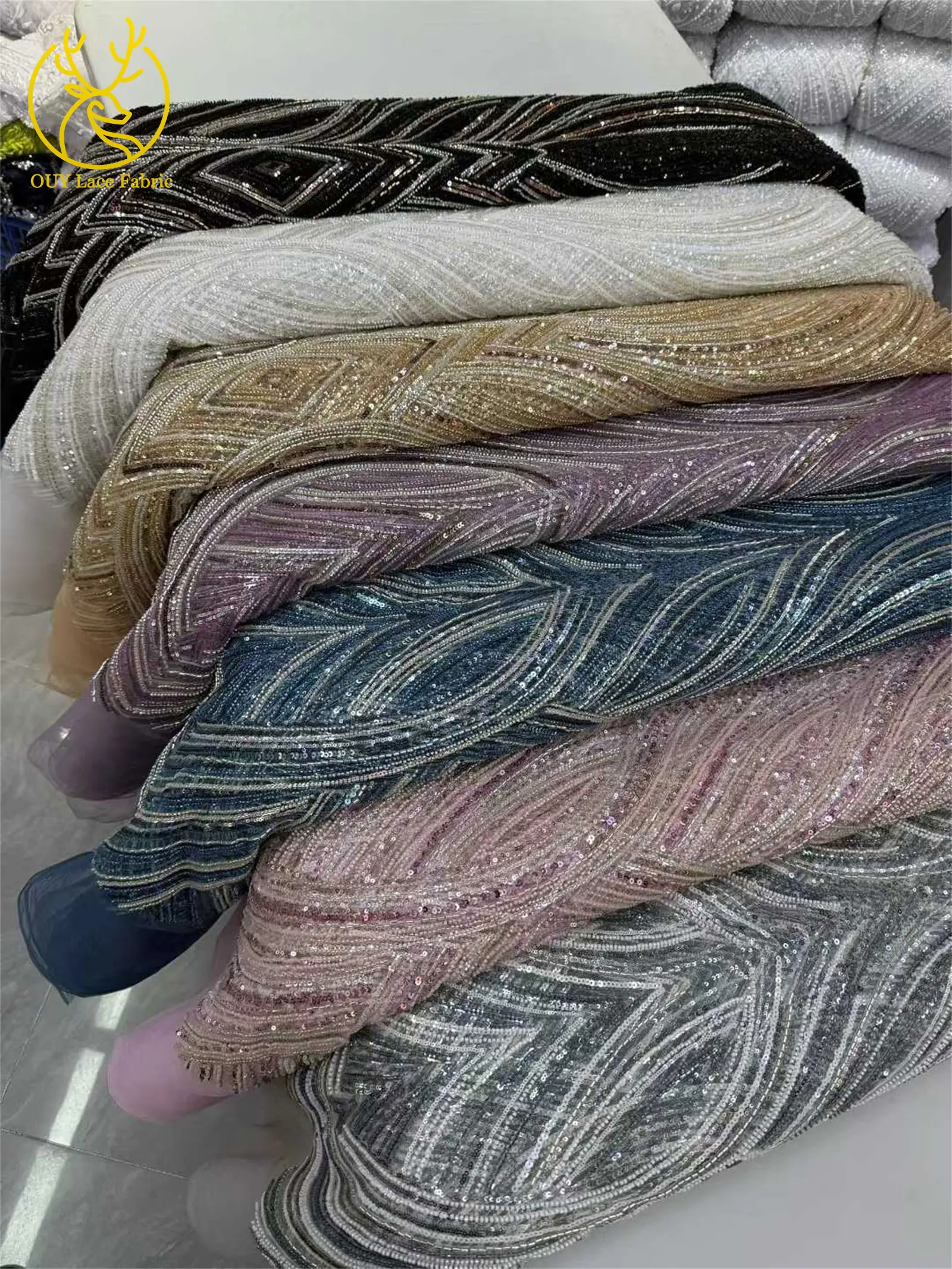 2025 Brand New Nigeria Groom Beaded Lace Fabric 5 Yards High Quality African Sequin Lace Fabric Bridal Wedding Dress Material