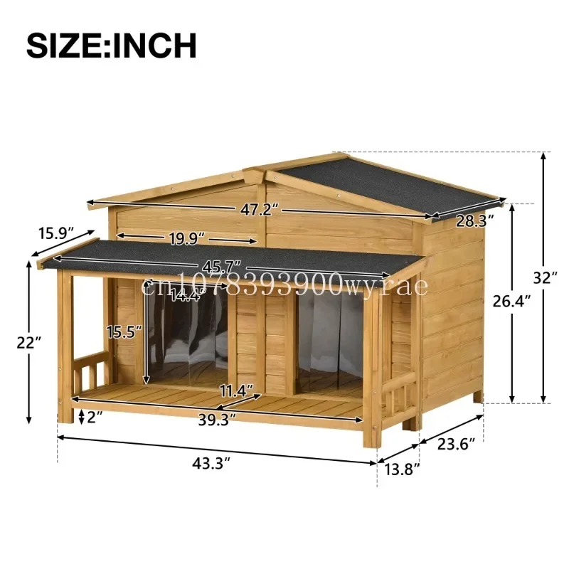 Outdoor & Indoor Dog Crate Cabin Style With Porch  2 Doors,47.2 inches  Large Wooden Dog House Outdoor