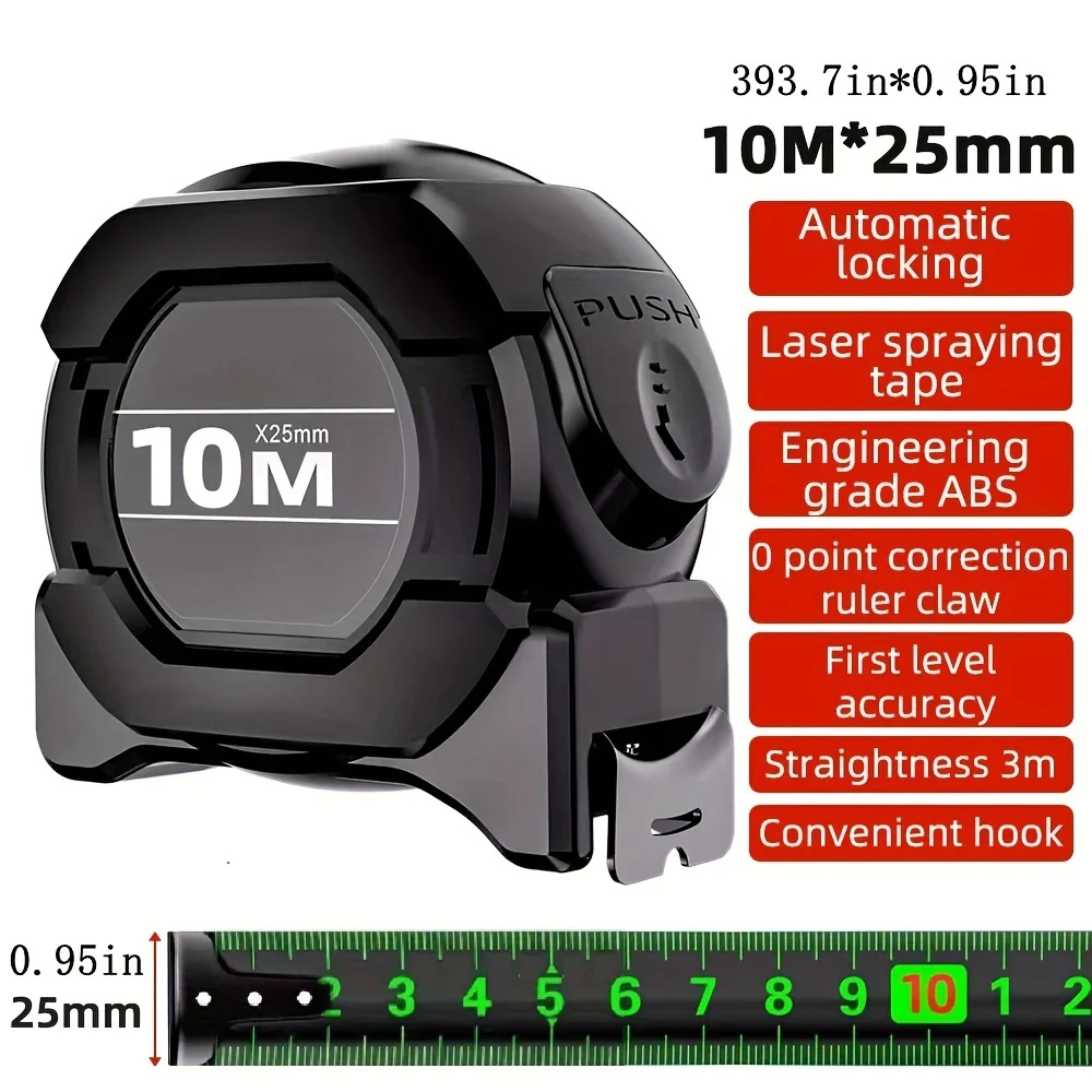 شريط قياس من الفولاذ الكربوني عالي الدقة بطول 10 أمتار، شريط فلورسنت ذاتي القفل، خيار مقاوم للاهتراء مع قفل تلقائي #1