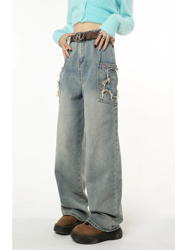 Blue Vintage Baggy Jeans Women Streetwear Pockets Wide Leg Cargo Pants High Waist Straight Denim Trousers 2022