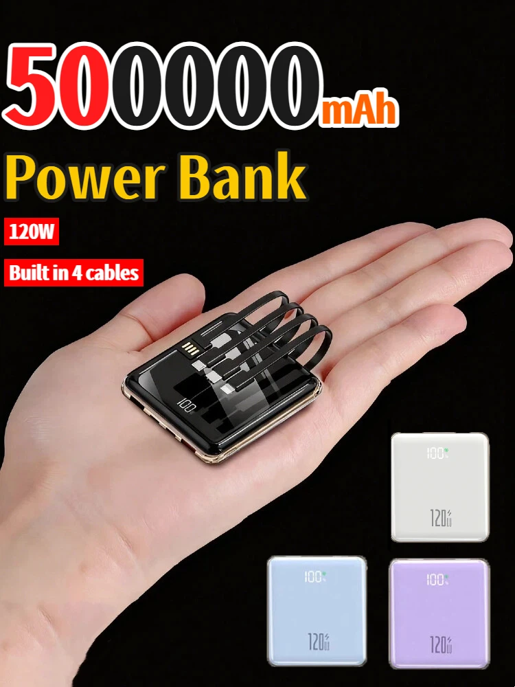 Nieuwe 500000 mAh Mini Power Bank Ingebouwde 4 Kabels Grote Capaciteit Super Snel Opladen Externe Batterij voor IPhone Samsung - afbeelding 2