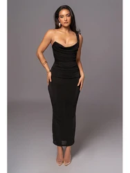 Sexy One Shoulder Mesh Folds Bandage Dress Women Backless Black Patchwork Nude Bodycon Long Dresses Elegant Evening Party Gowns