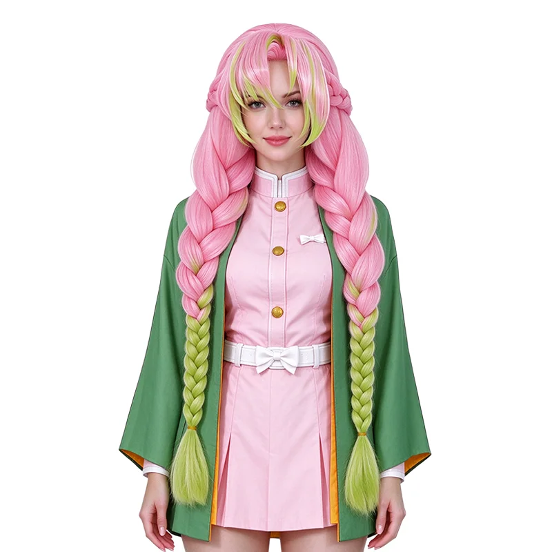 Mitsuri Kanroji Cosplay Wig Love Hashira Pink Green Gradient Thick Three Braids Synthetic Anime Wig for Halloween Party Costume