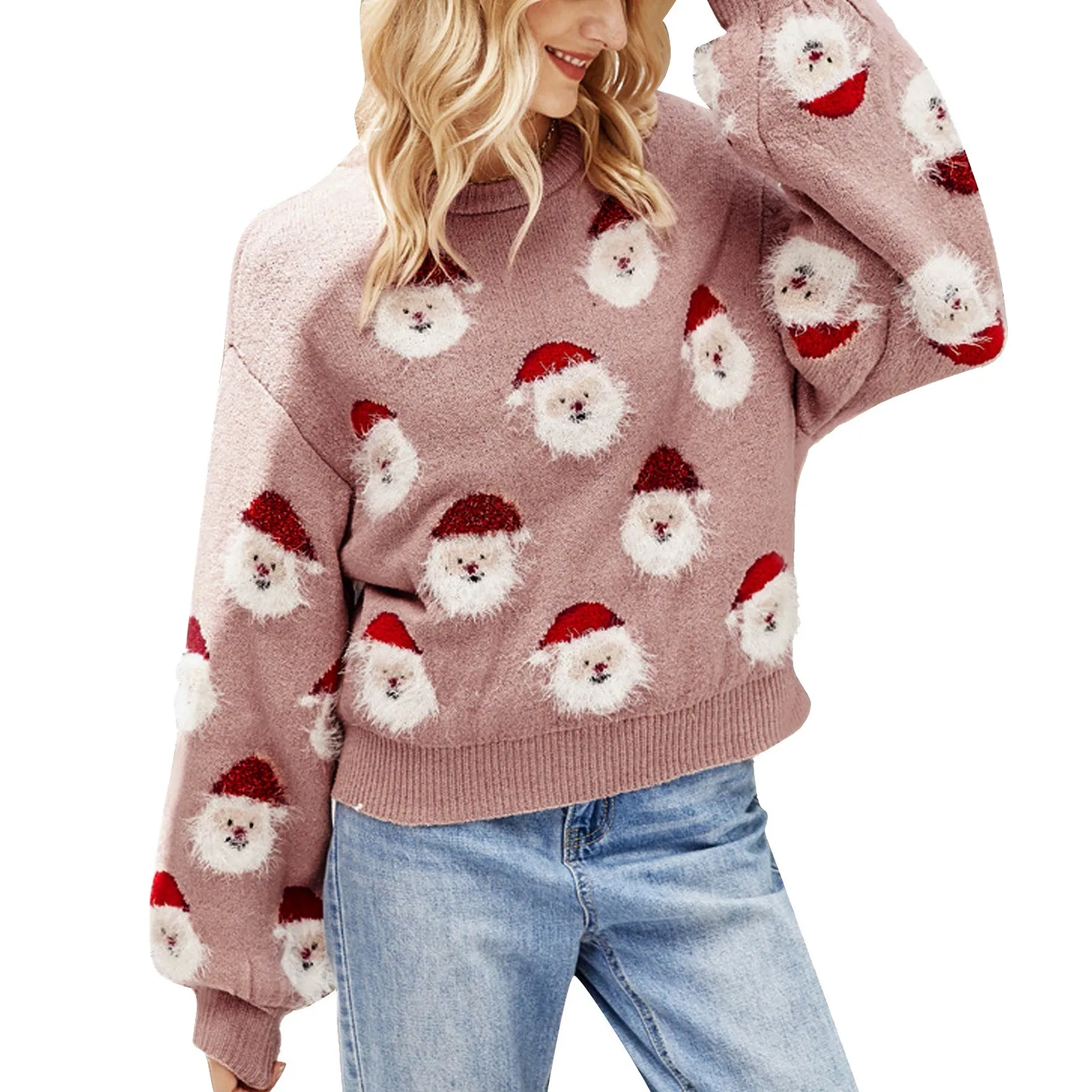 Women Christmas Knitted Sweater Cute Santa Head Pattern Crewneck Pullover Sweater Winter Warm Fleece Jumper Outwear pull femme