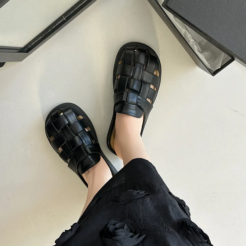 Casual Baotou Half Slippers Women Shoes Summer Indoor Outside Wear 2024 New Retro Weaving Hollow Thick Bottom Roman Slides Mules