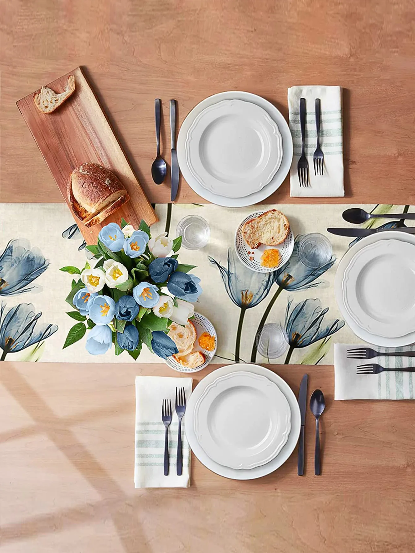 1 قطعة الأزرق والبرتقالي توليب الكتان الجدول ريفي مزرعة نمط الجدول عداء 13x72 بوصة ، المطبخ طاولة طعام الديكور