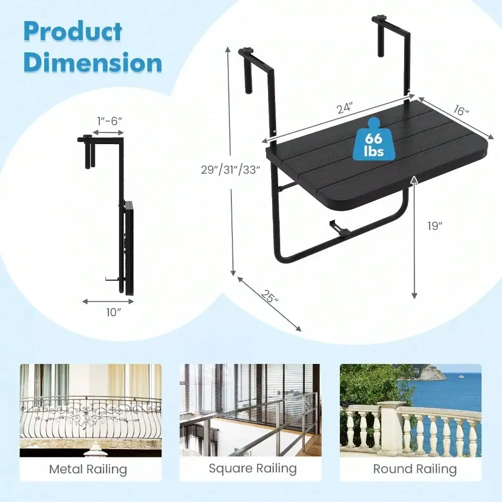 Outdoor Railing Table Folding Hanging 3-Level Adjustable Height