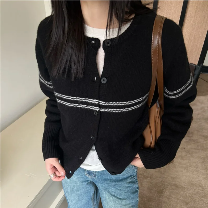 Solid Color Knitted Cardigan Women Korean Single Breasted Long Sleeve Jumper Woman Round Neck All Match 100％ｗｏｏｌ　Ｌｏｏｓｅ　Outwear 　