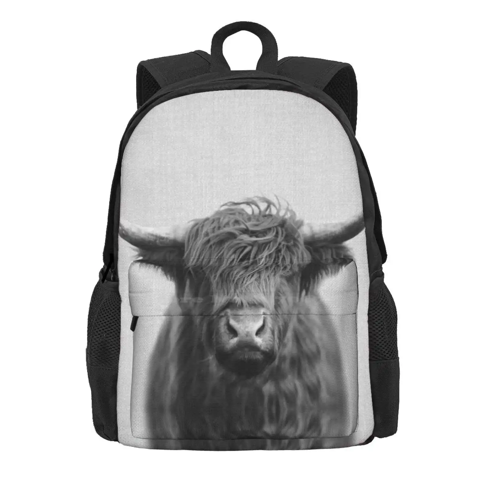 Highland Cow - Black & White Hot Sale Schoolbag Backpack Fashion Bags Animals Peekaboo Wildlife Nursery Modern Minimalist