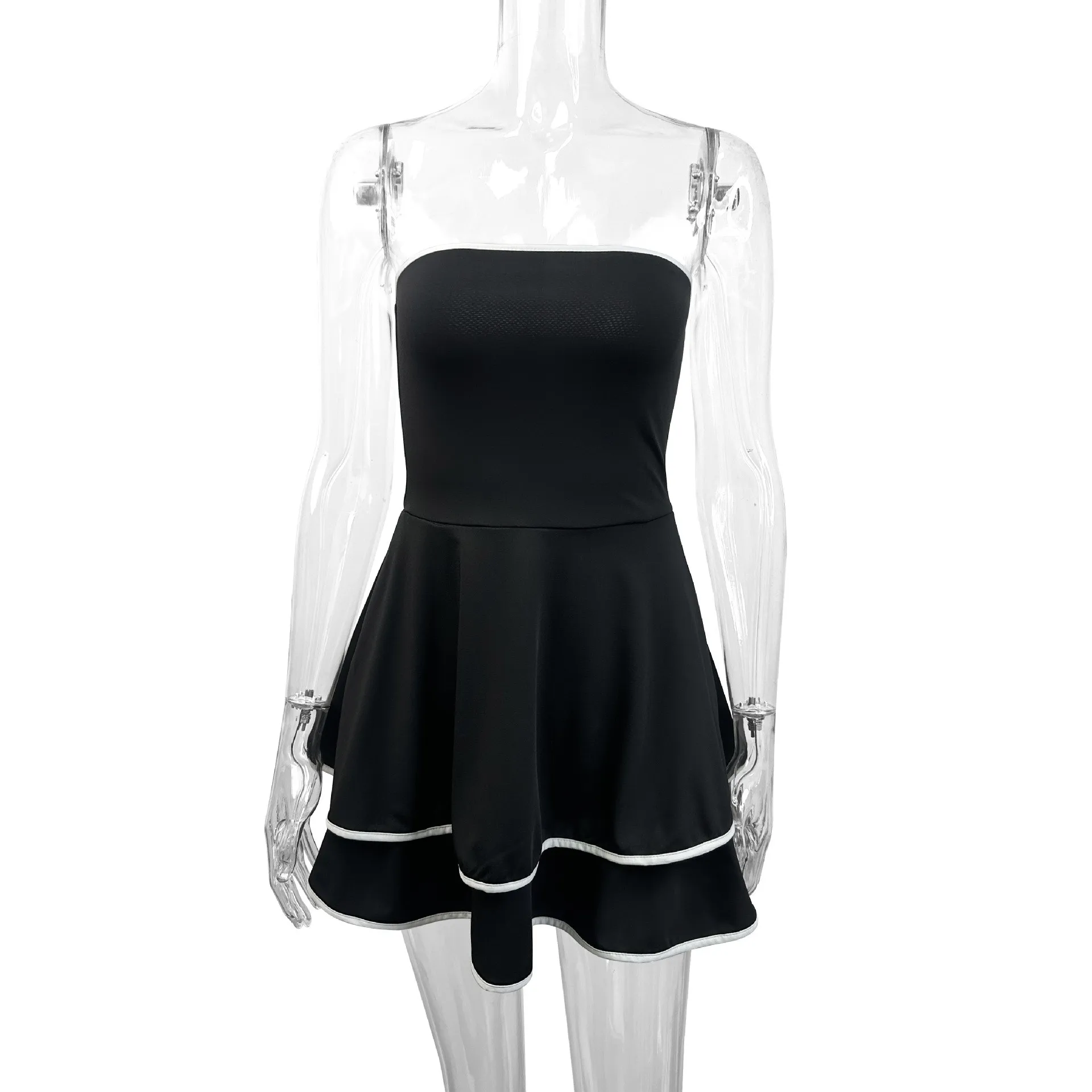 Pull on Single Dress Mid Waist Elegant and Refined with Collarless Tiered Skirt Sleeveless Strapless Slim Fit Women Summer Dress