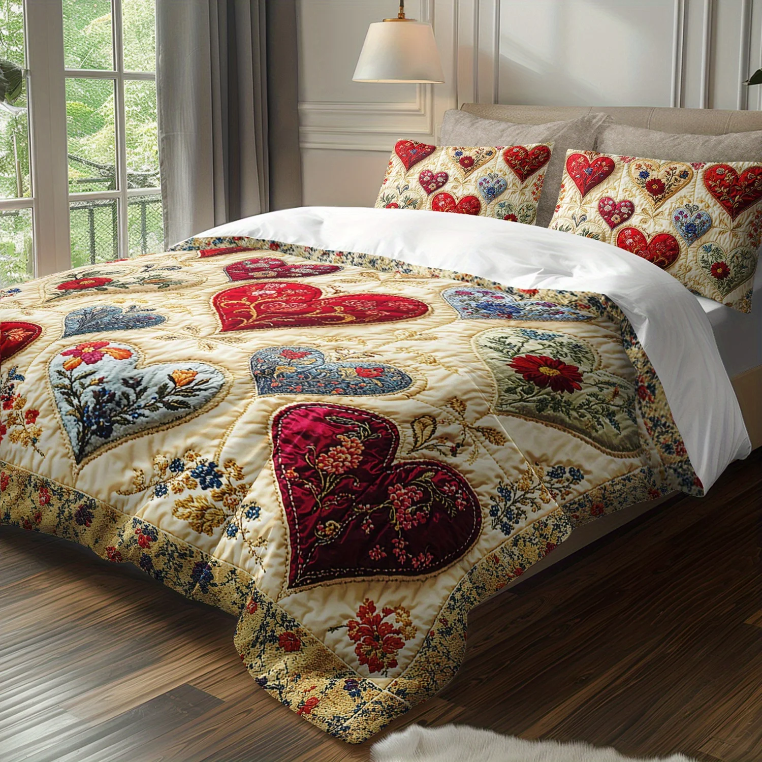 

3pcs Bohemian Floral Heart Bedding Duvet Cover Set Vintage Red Heart Bedding Quilt Set Patchwork Themed Bed Quilt Set Romantic