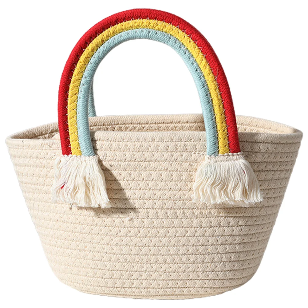 

Cotton Rope Woven Basket Tote Bags Women Straw Handbag Cute Lady Portable Storage Bag Rainbow Handle Bohemian Style Travel