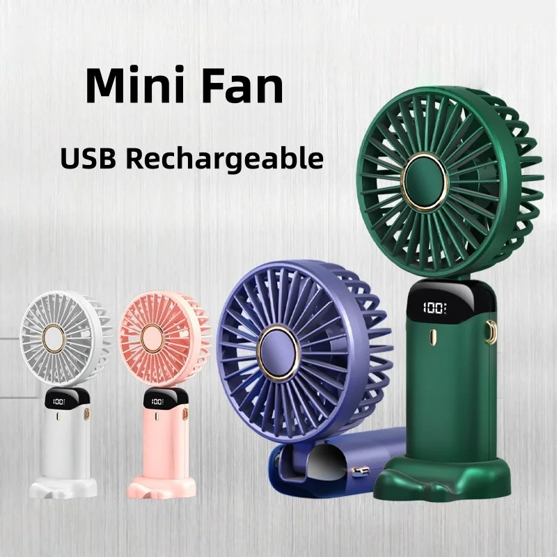 Mini ventilador portátil de 5 velocidades, ventilador dobrável para pendurar no pescoço, ventilador recarregável por USB com suporte para telefone e tela de exibição