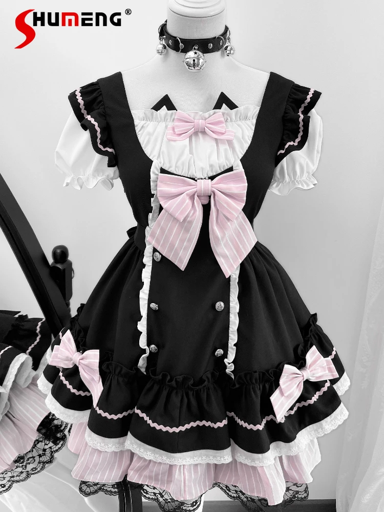 Original Japanese Sweet Cute Lolita Short Cake Dresses Square Neck Bubble Sleeve Bow High Waist Slim Fluffy Mini Dress for Women