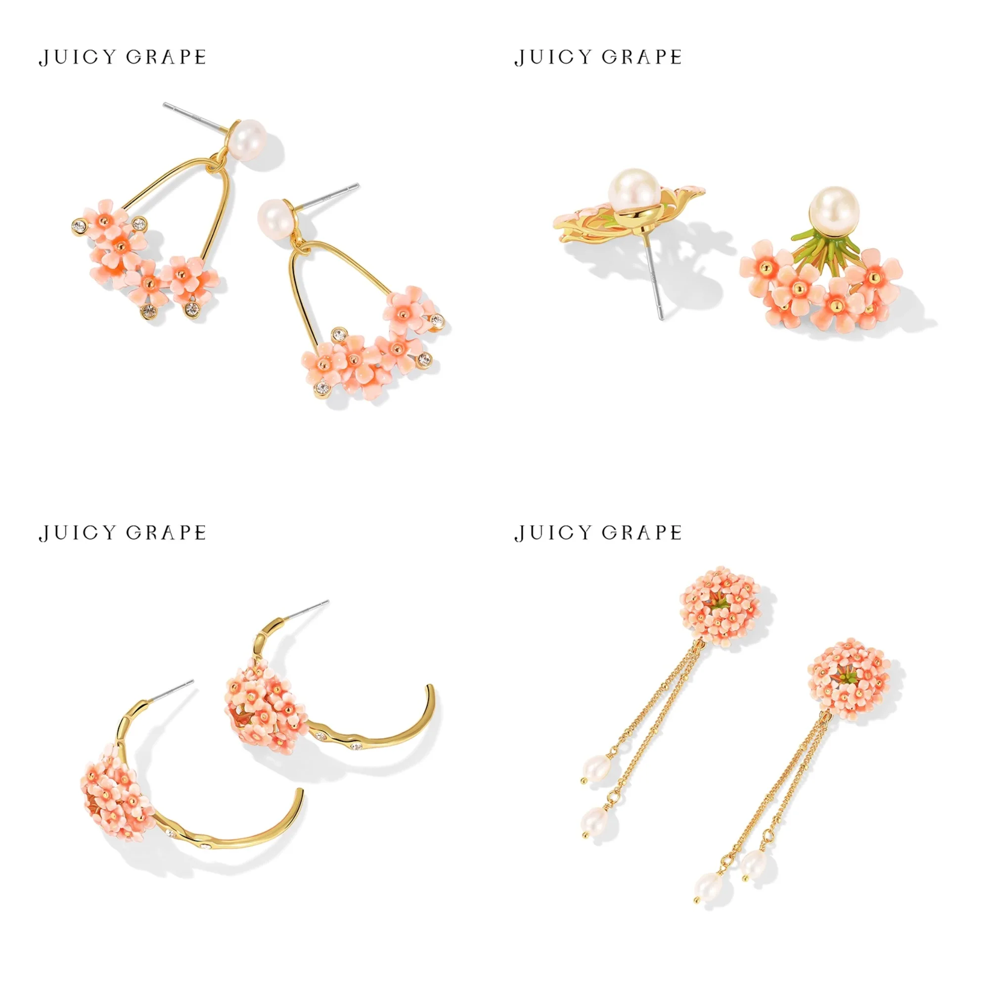 Juicy Grape Pink Flower Pearl Enamel Earrings Gold Plated Floral Drop Stud Hoop Earrings for Women 2026 New Fashion Jewelry