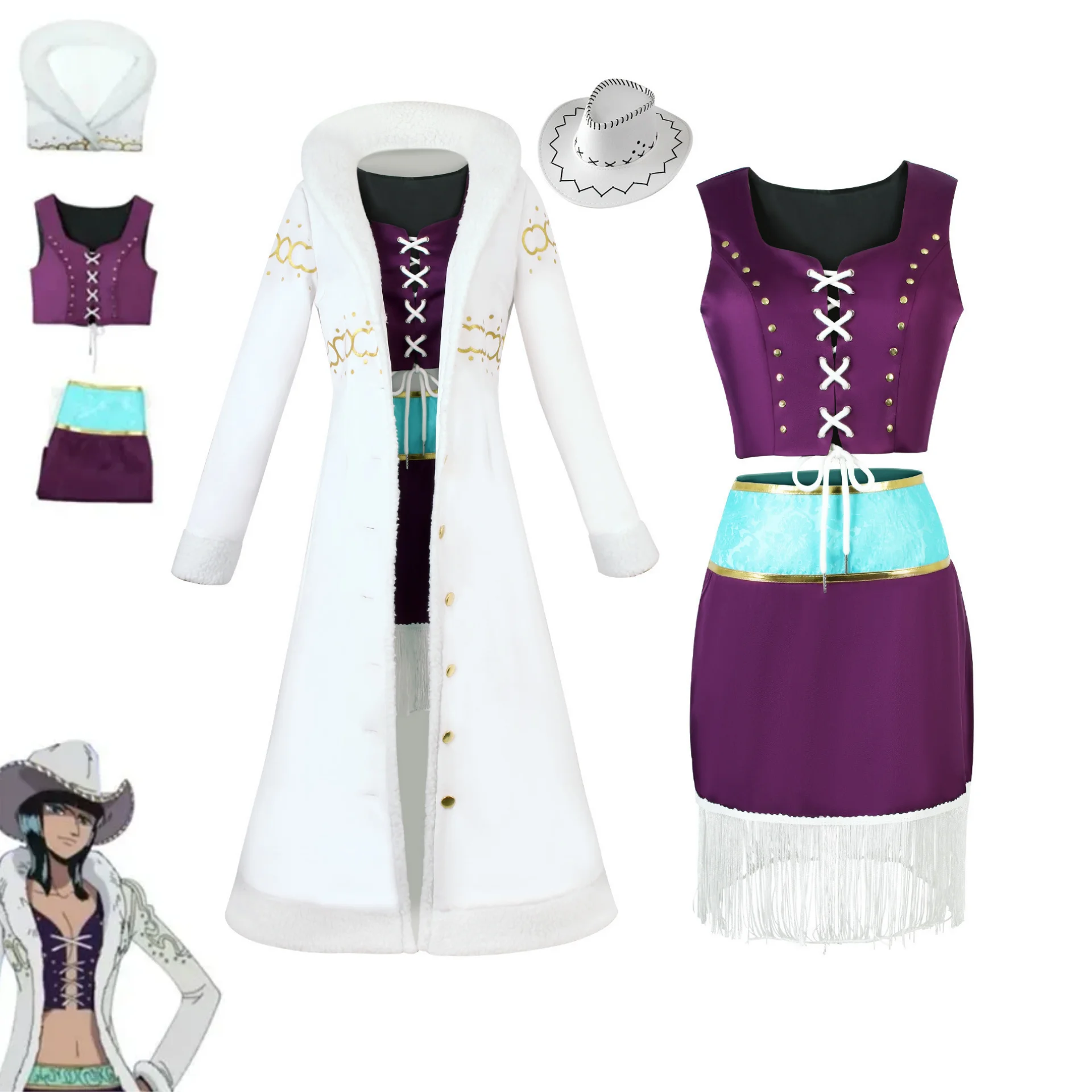 Disfraz de Vaquera del Oeste de Nico Robin, Abrigo Largo de Lana Blanca, Chaleco Morado, Falda, Sombrero de Vaquero, Kit Completo para Fiesta de Halloween
