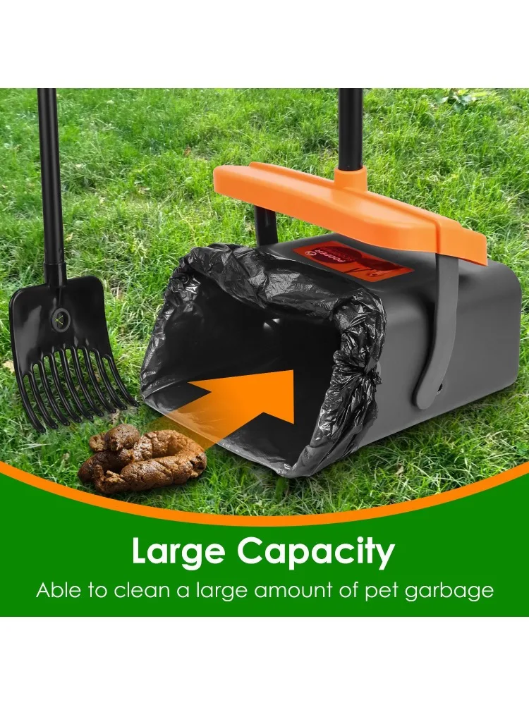 Pooper Scooper Kit Dog Poop Rake & Swiveling Bin Poop Heavy Duty Pick Up Tool with Extra Long Handle 35 Waste Bags Dispenser