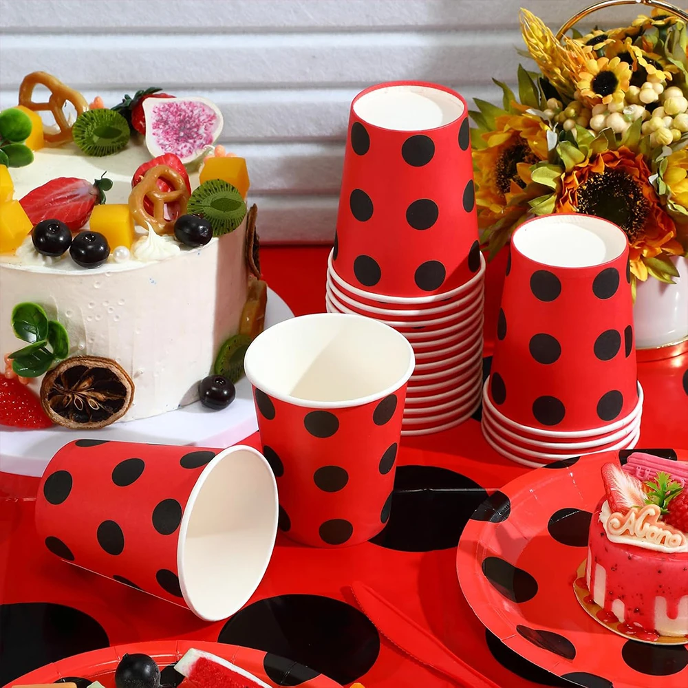 Marienkäfer-Geburtstagsparty-Dekorationen: Tischgeschirr, Teller, Servietten, Becher, Luftballons, Wimpelkette – Marienkäfer-Themenparty für Kinder und Babyparty-Zubehör – Detail 3