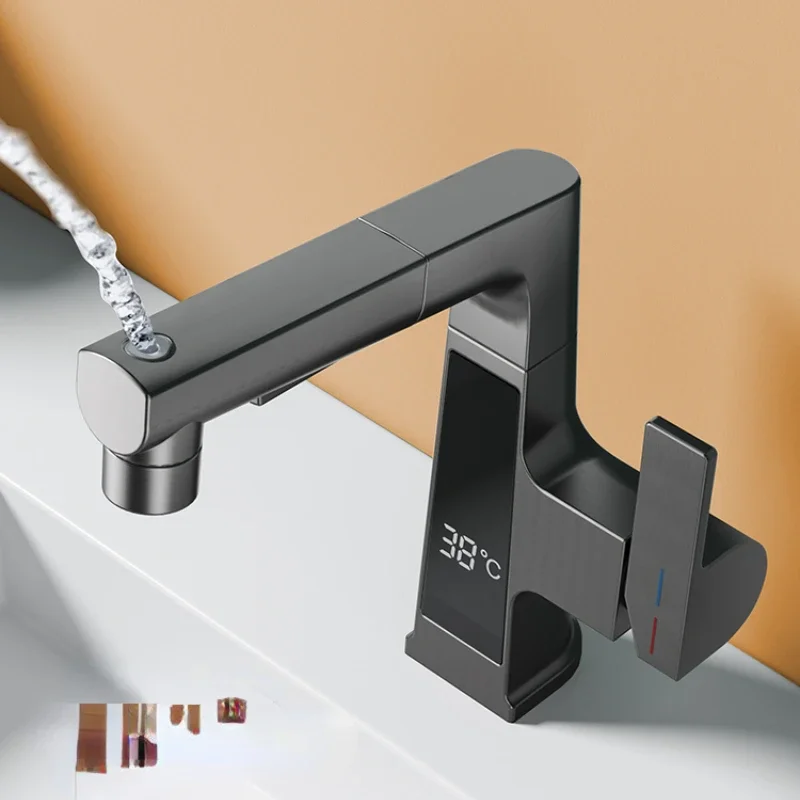 All copper cold and hot faucet, single hole washbasin, adjustable and pull-out intelligent digital display faucet