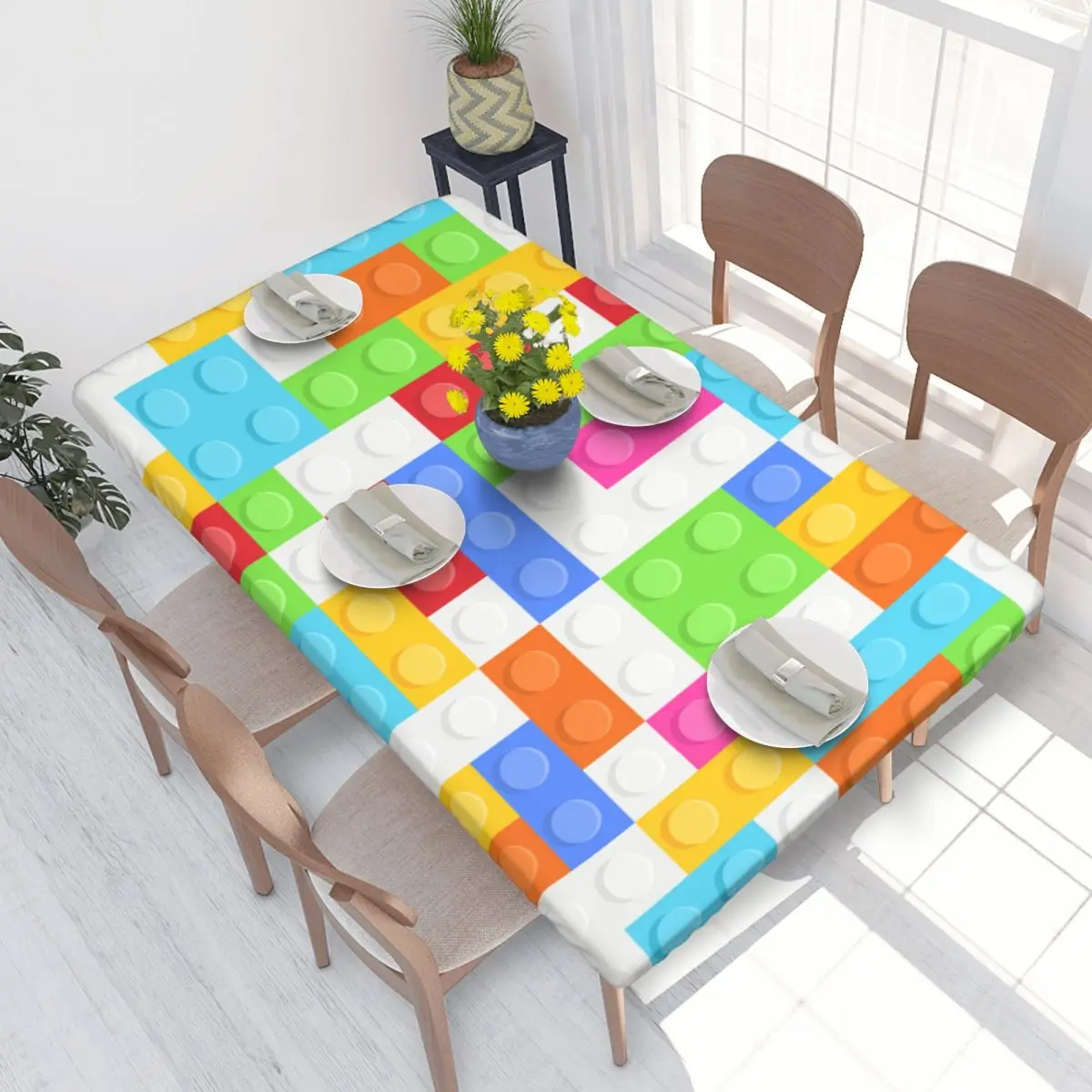 Custom Colorful Building Plastic Brick Toy Blocks Patterns Tablecloth Rectangular Waterproof Table Cloth Cover for Kitchen 4FT