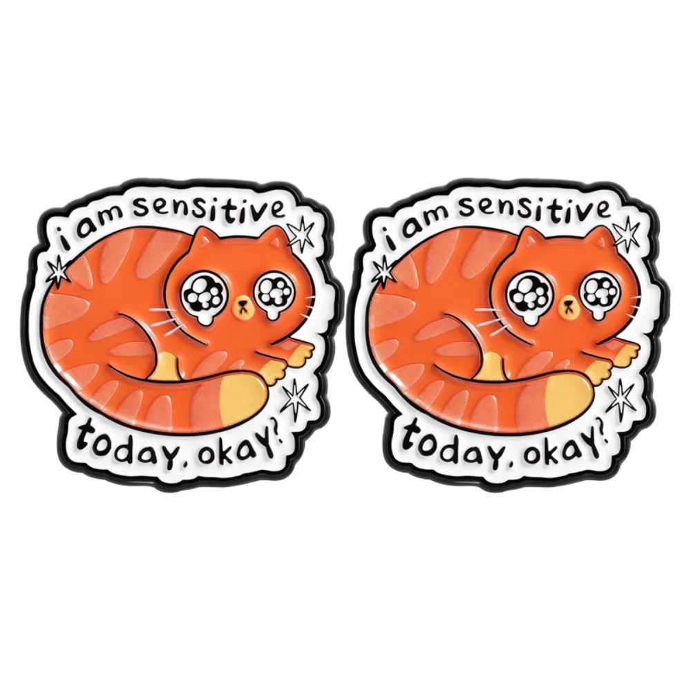Cute and Sensitive Orange Cat Brooch I Am A Sensitive Text with Teary Eyes and Cute Cat Pin Emotional Style Accessories