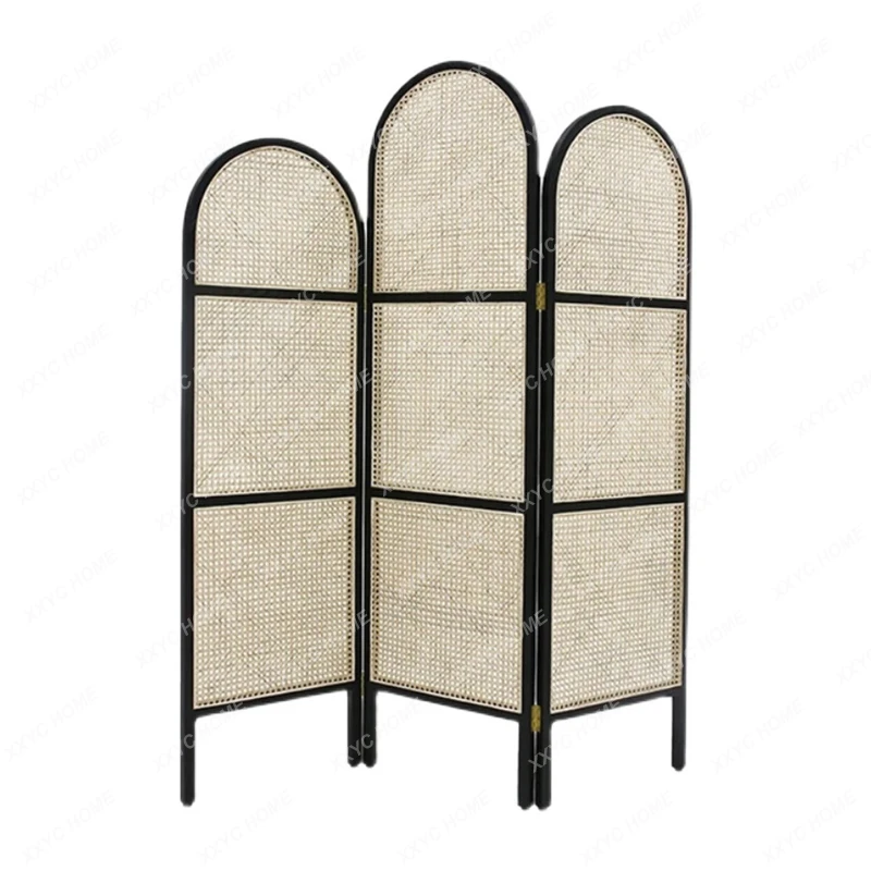 

Rattan Subareas Screens Folding Mobile Solid Wood Living Room Interior Retro Real Rattan Accordion Partition