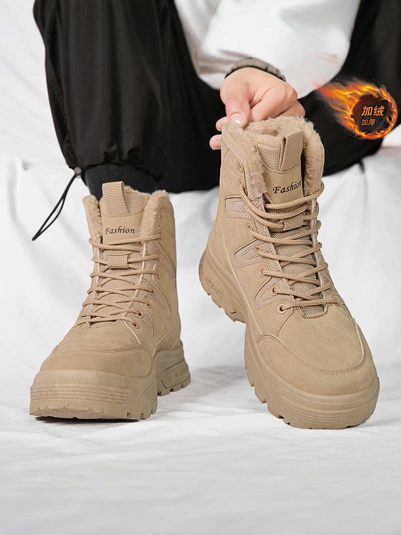 

Men's Winter Snow Boots Warm Fleece Lined High Top Work Boots Waterproof Anti Slip Cotton Leather Integrated Boots