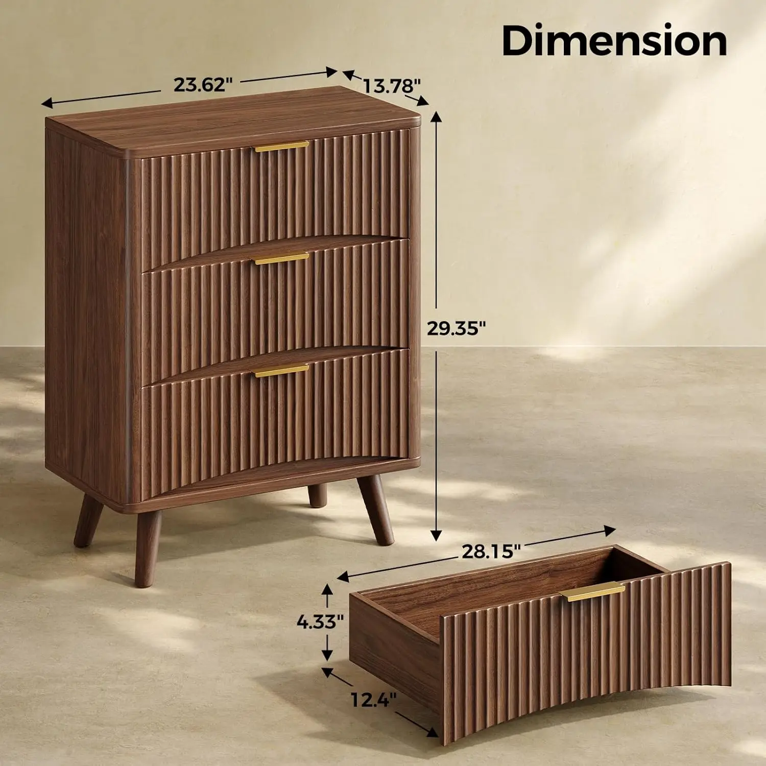 29'' Tall Fluted Nightstands Set Of 2 Walnut 3 Drawers Wooden Bedside Table Mid Century Modern Bedroom, Customized - view 2