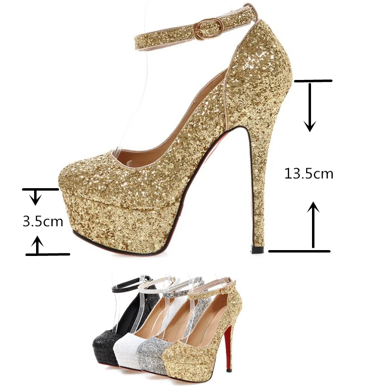 ORCHALISA 13,5 cm Stiletto Tacchi ultra alti Décolleté glitterati Piattaforma Cinturino alla caviglia Fibbia Scarpe da sposa dorate festa US12