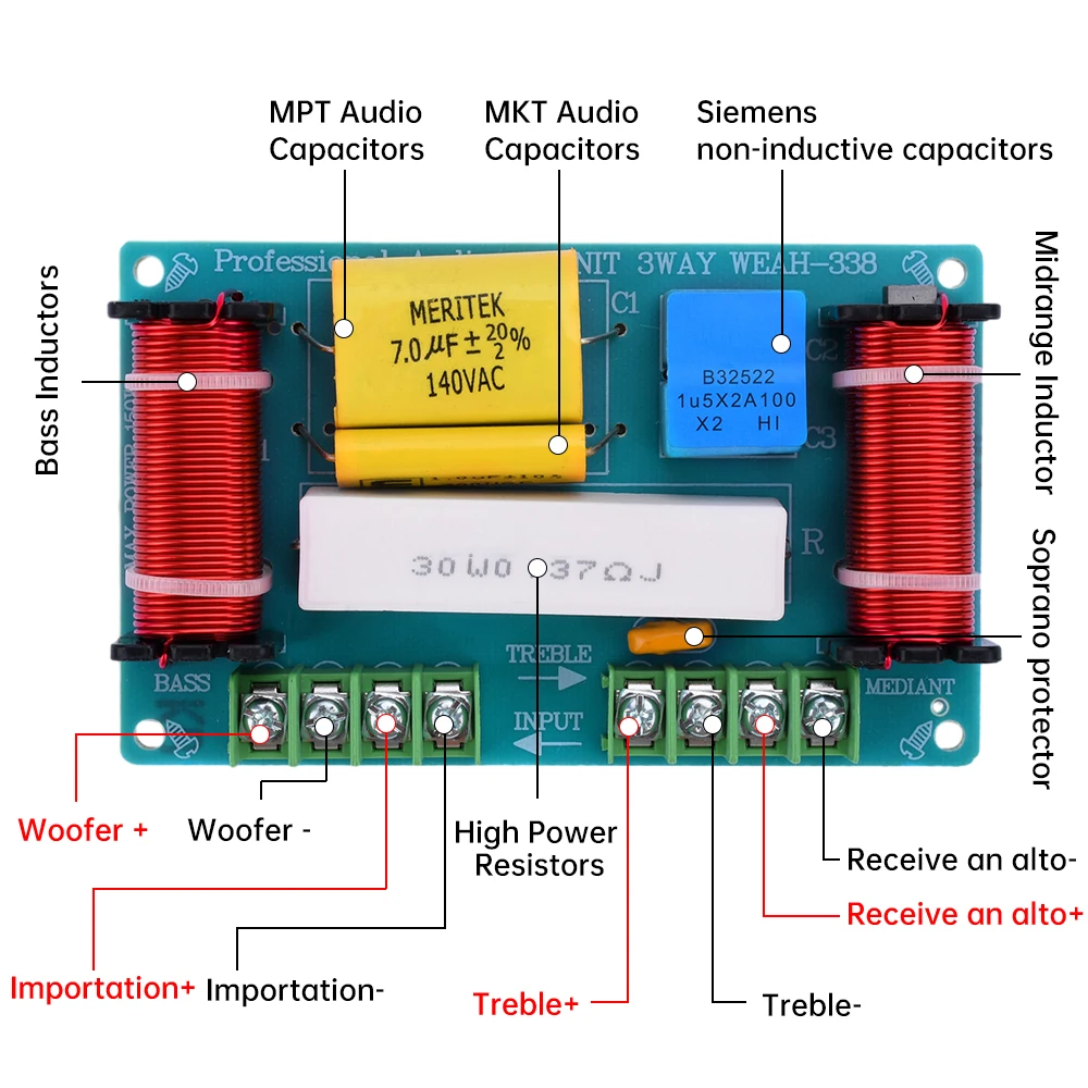 120W 3-drożny dzielnik częstotliwości audio z zaciskiem tonów wysokich + średnich + niskich Zwrotnica Filtr głośników do 8-calowego głośnika DIY