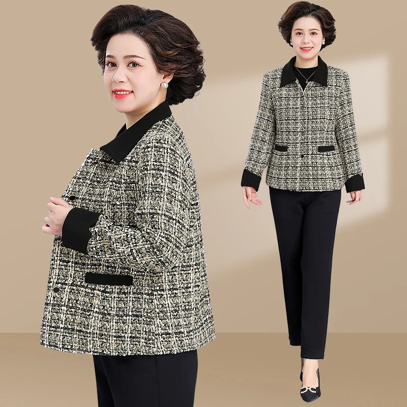 

Faionable Plaid Jaet Women's Autumn Wear Casual Sle plus Size Middle-Aged Mom Slimming Coat Collar Regular Sve