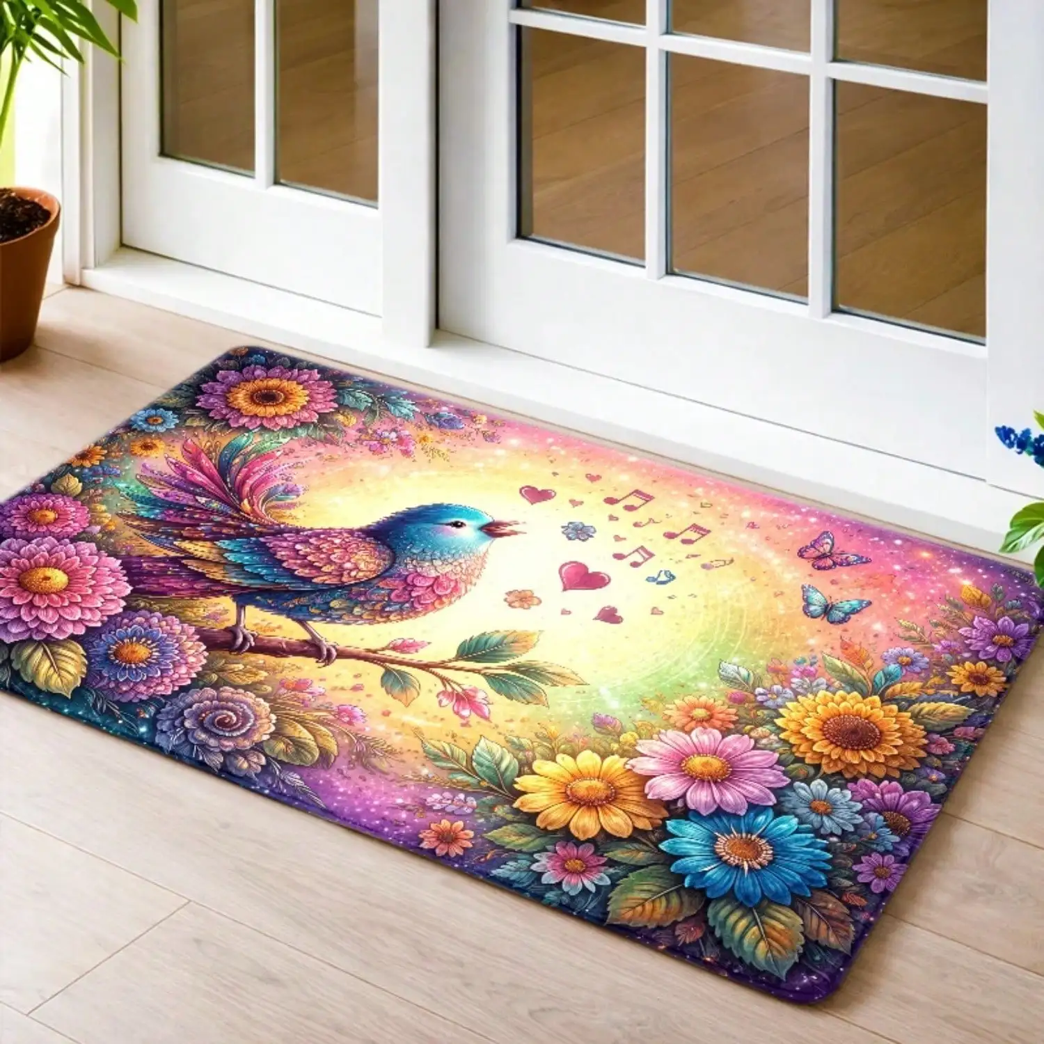 1pc,Colorful Singing Bird Floral Rug Suitable For Indoor/Outdoor Use, Non-Slip Machine Washable Suitable For Front Door, Bedroom, Bathroom, Kitchen, Balcony