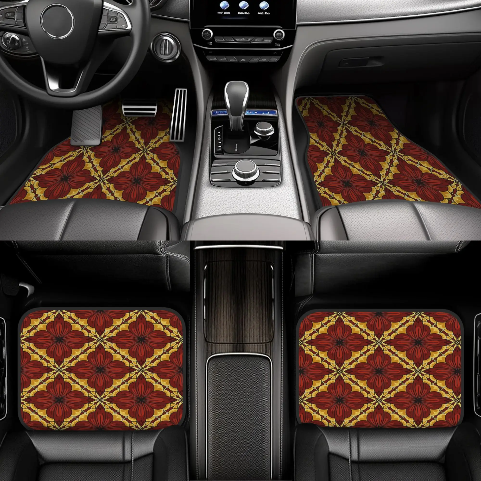 4pcs Geometric Tiled Floral Pattern In Red And Yellow Pillow 1 Car Floor Mats, Durable, Fit For Cars, Ideal Gift, Vehicle Interi
