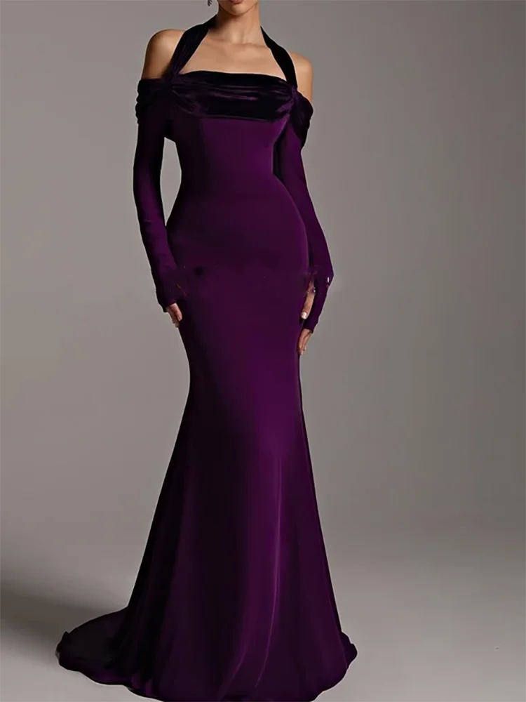 Elegante paarse zeemeermin formele avondjurken halter vloerlengte baljurk rugloze galajurk op maat