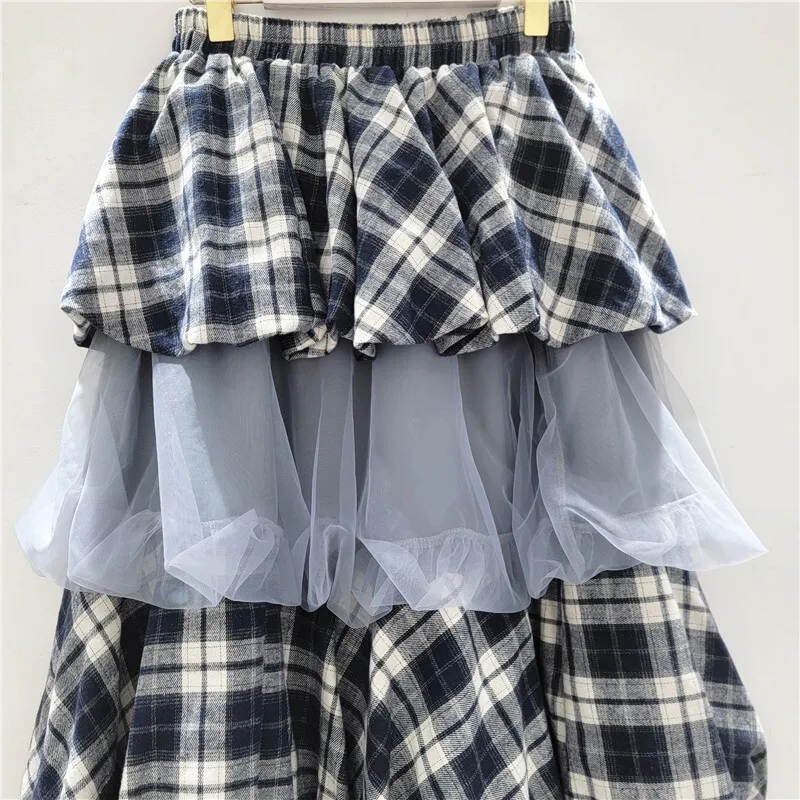 HKSH Autunno Nuove Donne Dolce Chic Gonna Plaid Patchwork Maglia A Pieghe A Strati A-line High Street Elegante Moda Y2K Gonne HK9501