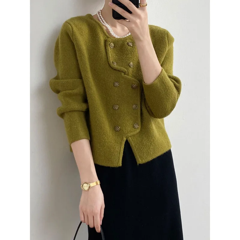 Kardigan rajut elegan Prancis, mantel Sweater kancing dua baris, desain sederhana tekstur kelas atas musim gugur dan dingin