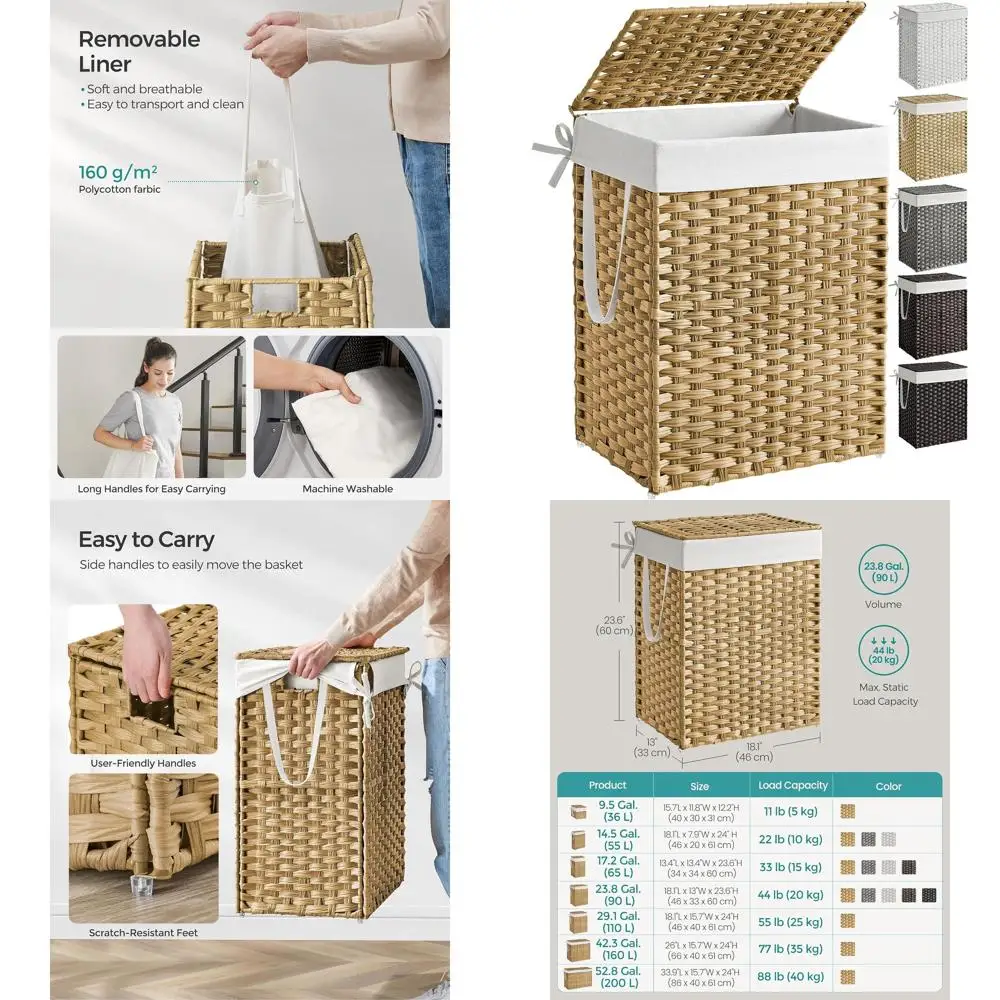 

Laundry Hamper with Lid, 23.8 Gallon (90 L) Synthetic Rattan Clothes Laundry Basket with Lid and Handles, Foldable, Removable Li