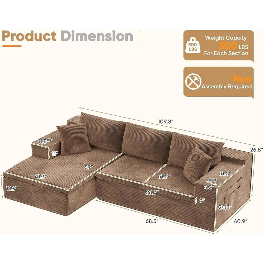 أريكة مقسمة باللون البني 109 على شكل حرف L مع إسفنج الذاكرة، والمقعد العميق، وحاملات الأكواب، وجيوب تخزين - لا حاجة للتجميع