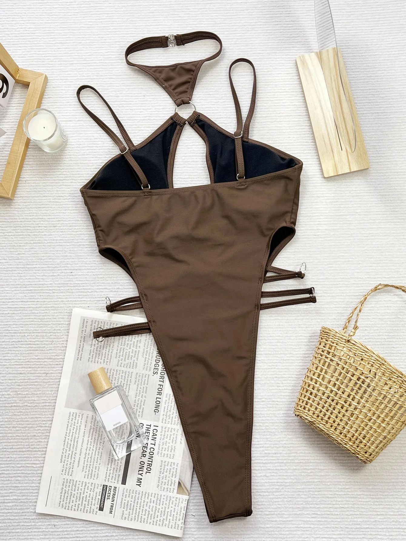 sexy solid coffee swimsuit one piece bandage hollow Bikinis thong Swimwear Swimsuits beach outfits bodysuit biquini tankini