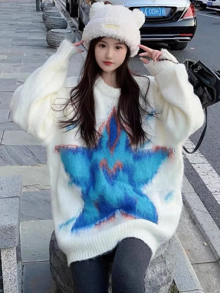 

American Retro Star Embroidery Loose Men's Knitted Sweater round Ne Imitation Mink Winter Faion Casual Youth Sle