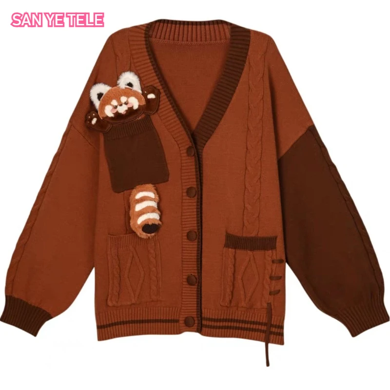 

Brown Retro Panda Knitted Vest Jacket Shirts Women Meilad Autumn 2025 New Cute Y2k Clothes V-neck Sweater Long Sleeve Cardigan